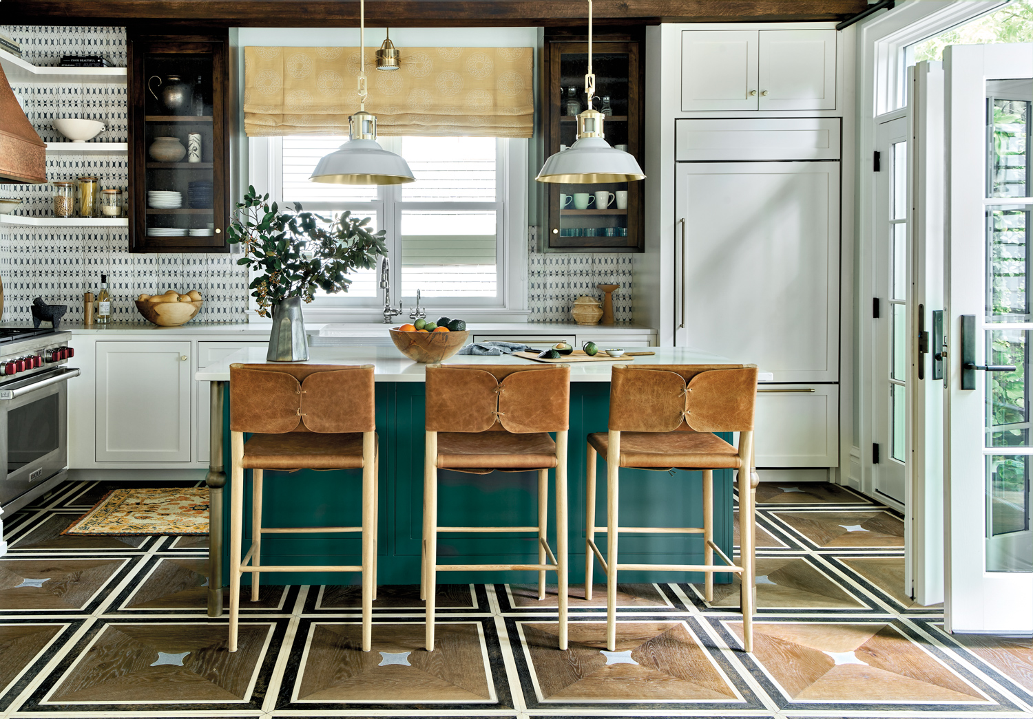 Kitchen with parquet flooring, green...
