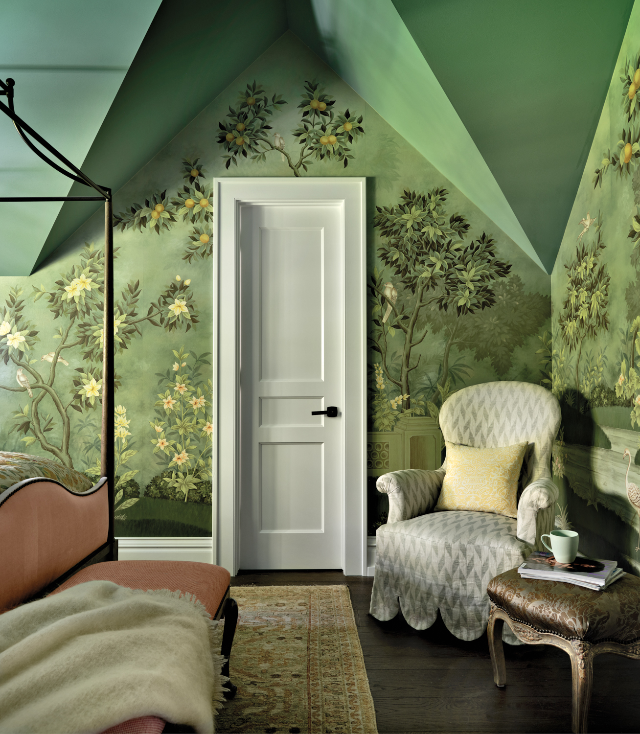 Bedroom with floral garden mural...