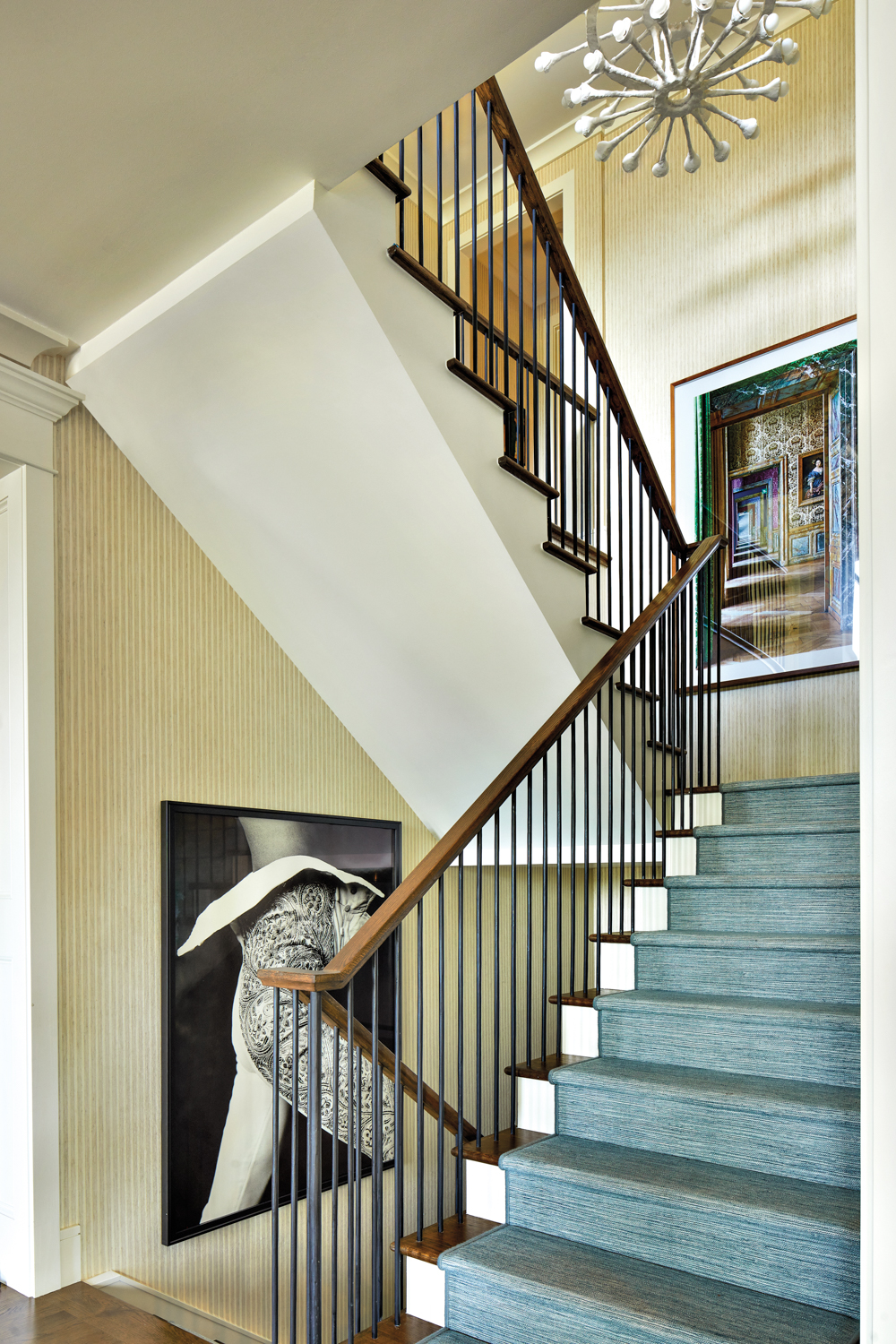 Stairwell with yellow stripe wallcovering...