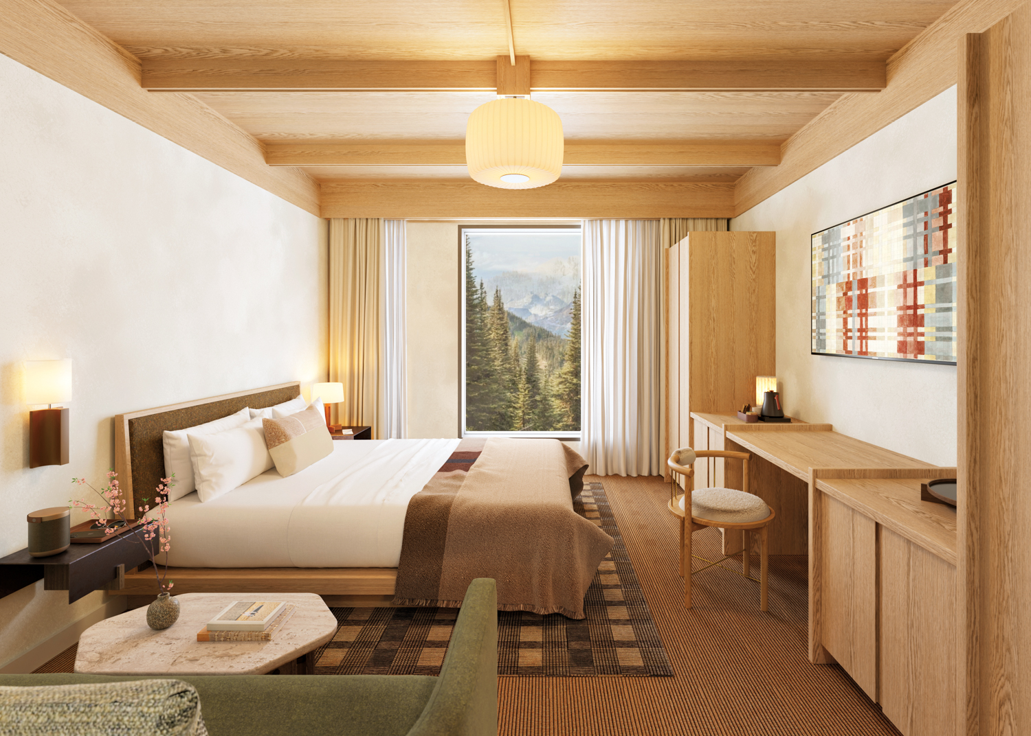 A bedroom with a palette of warm neutral colors and mountain views at hotel Mollie Aspen