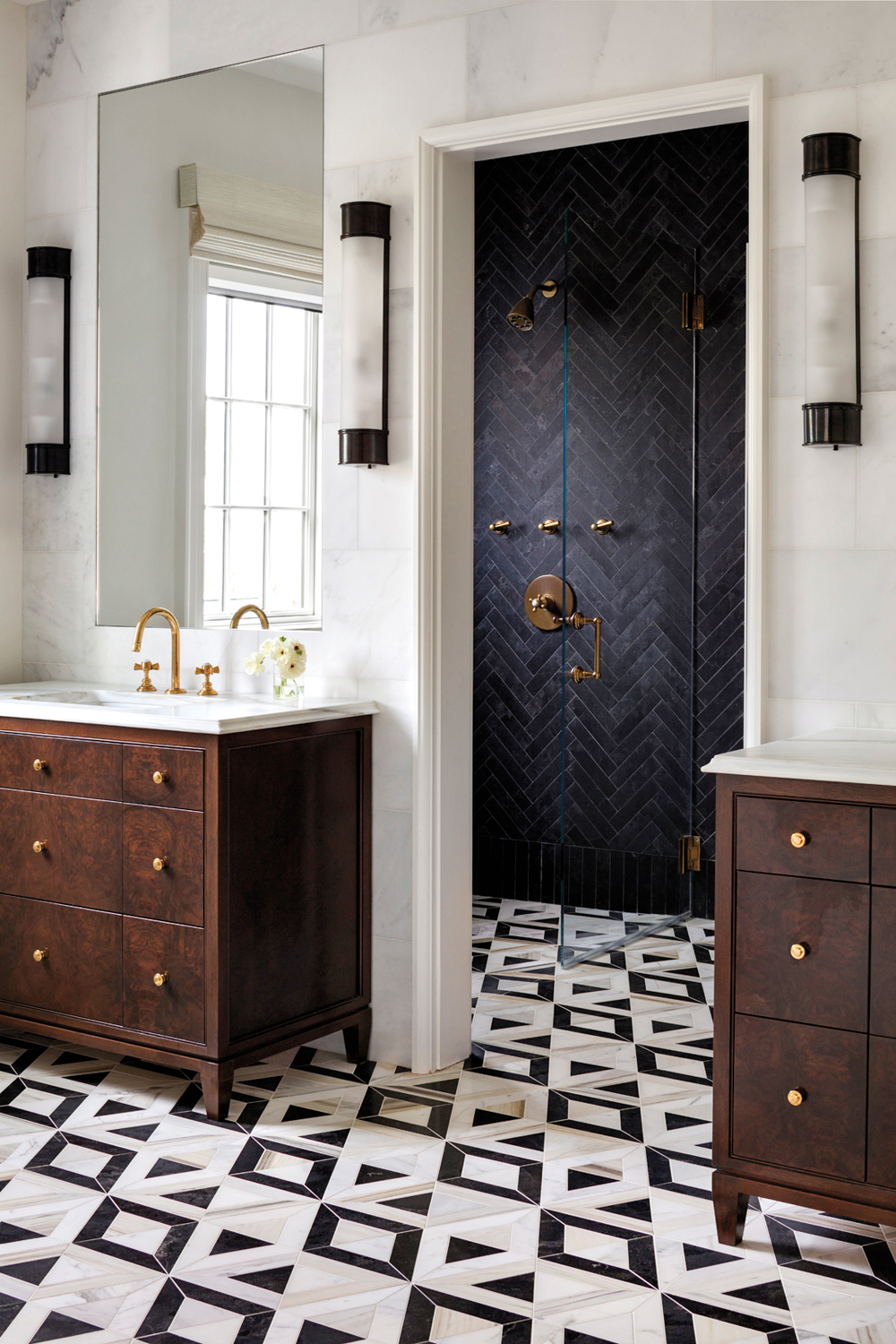 Wet room with brown furnishings and sleek tiles by Erica Burns