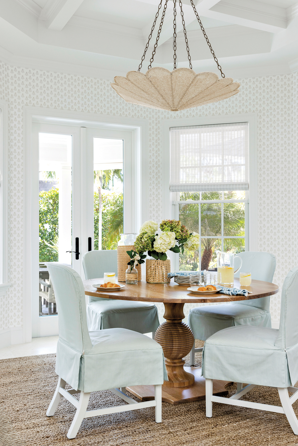 Breakfast nook with light patterned...