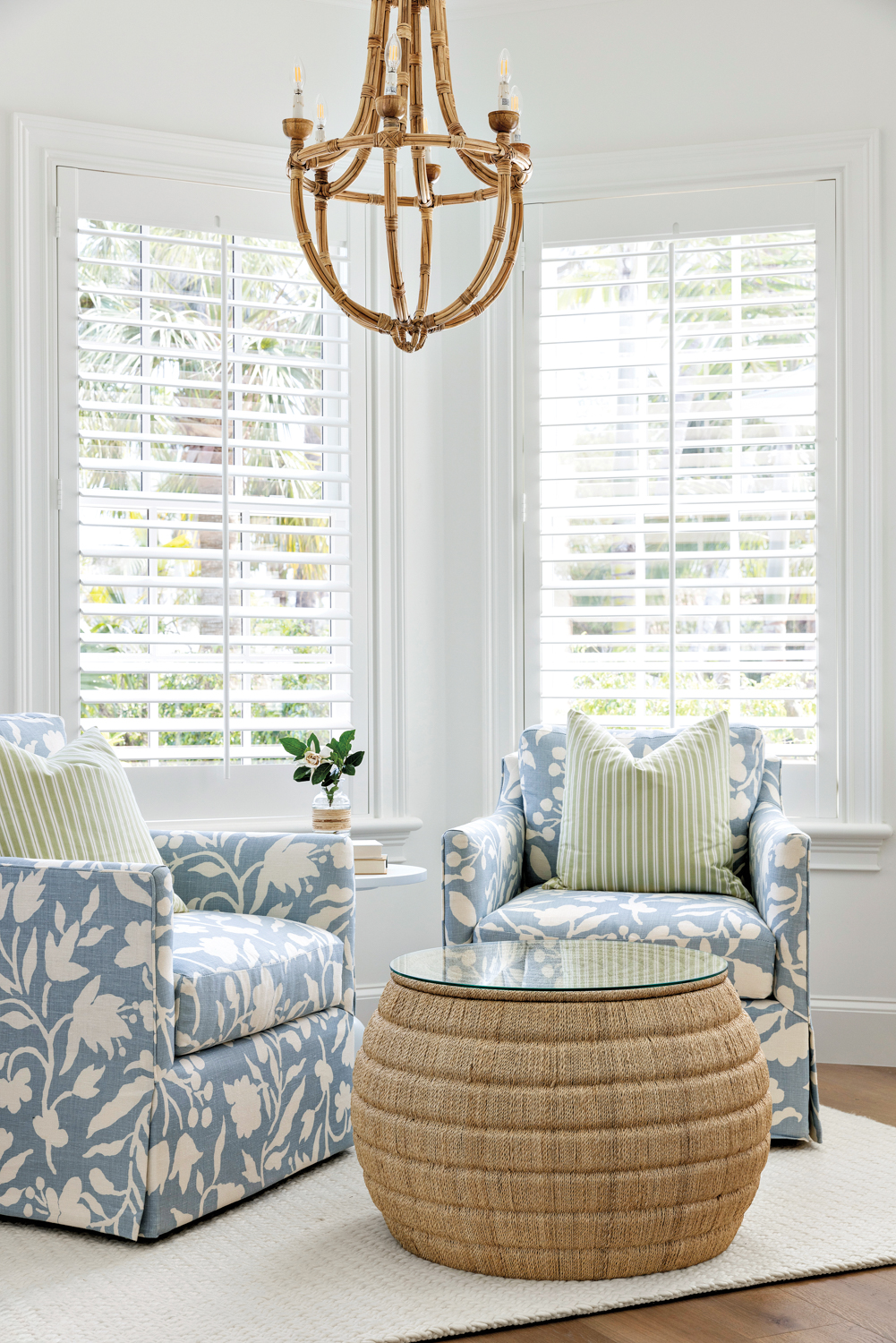 Bedroom seating nook with blue-patterned...