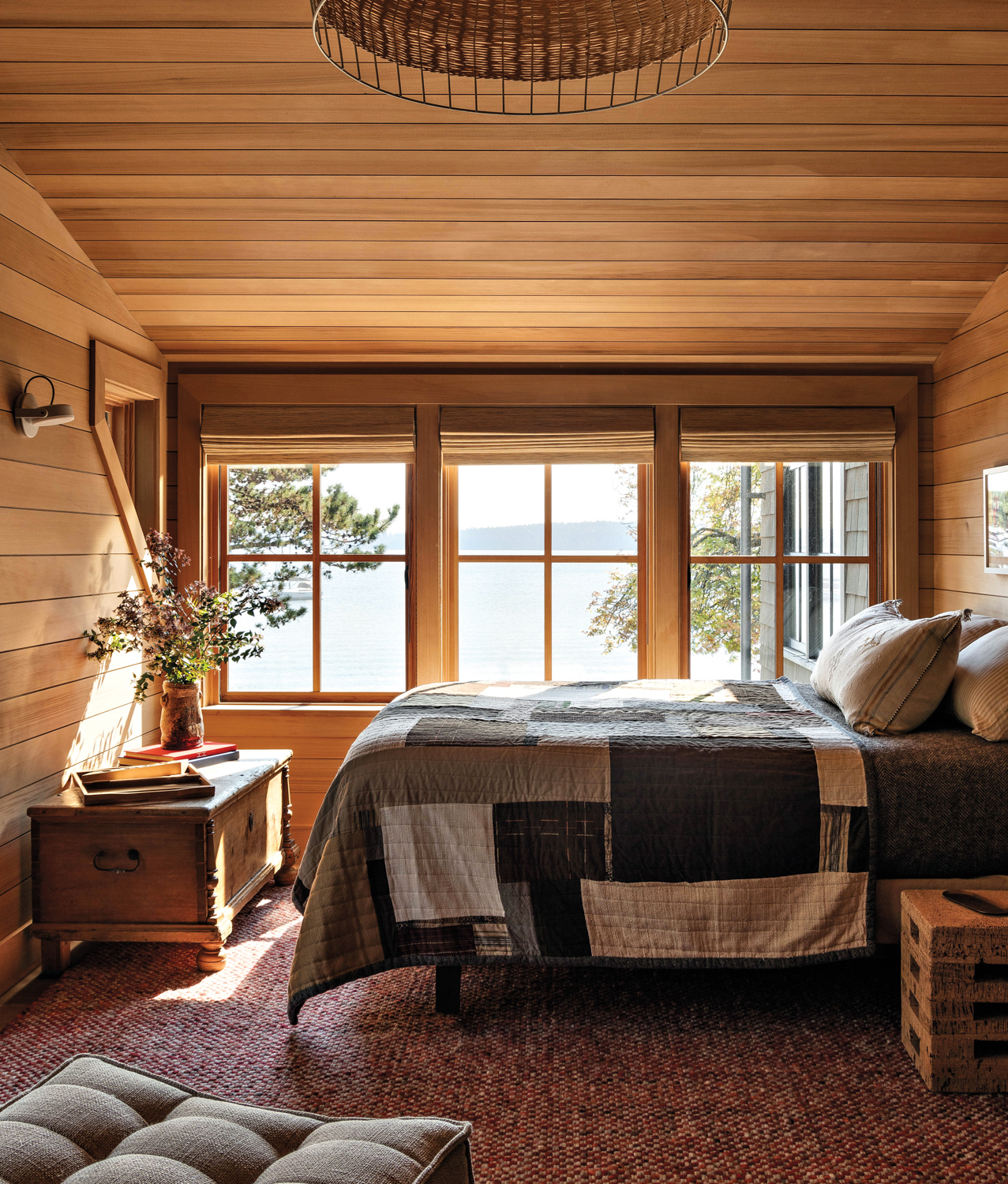 A rustic bedroom lined with...