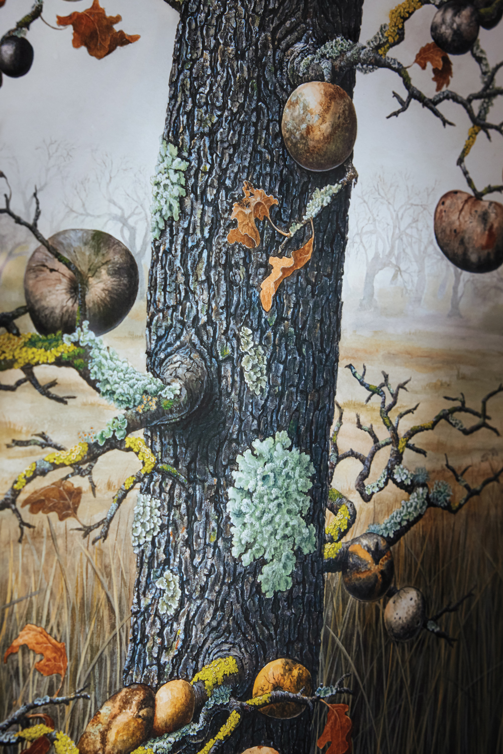 A painting by Lucy Martin shows the details of a tree trunk