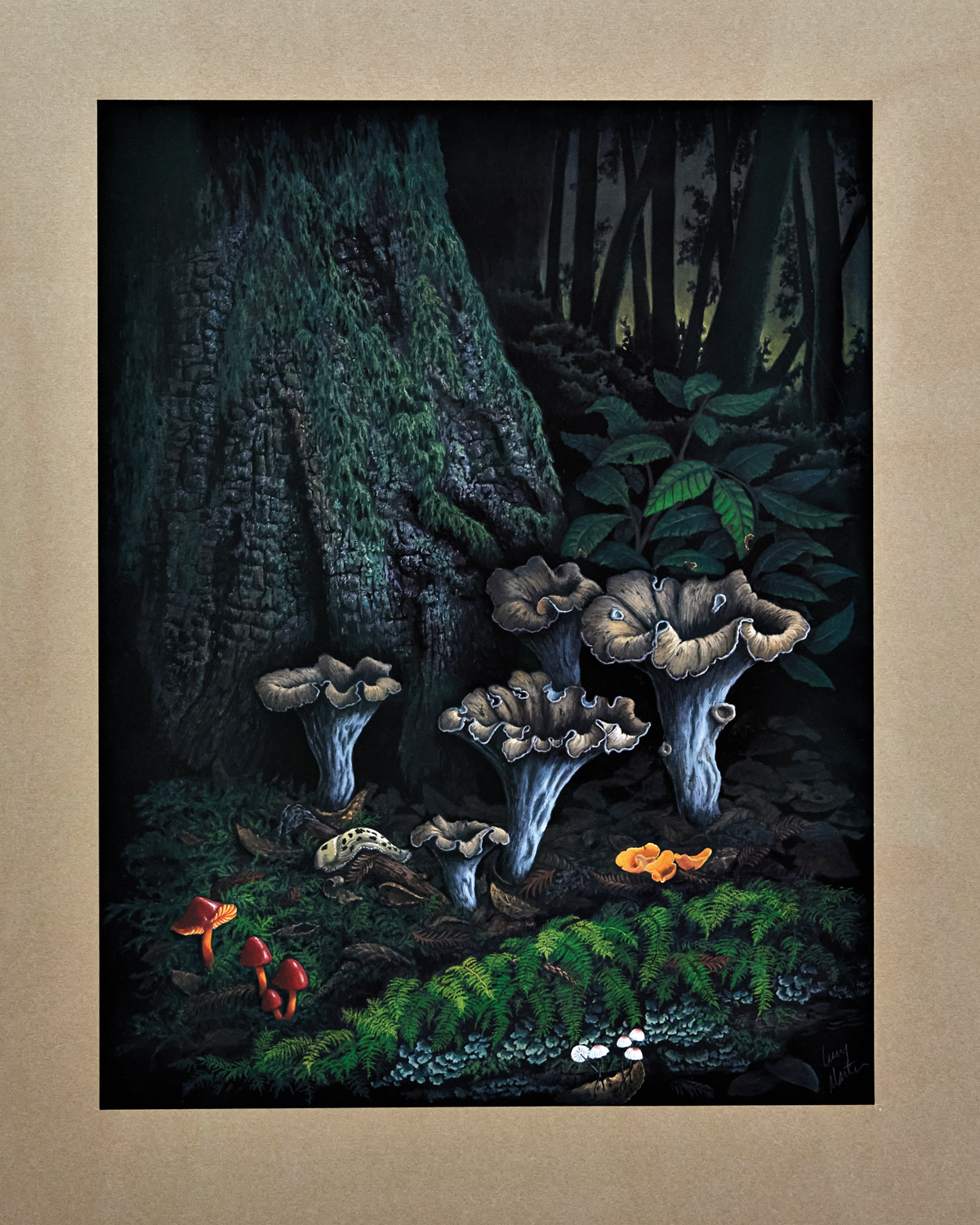 A painting depicts mushrooms.
