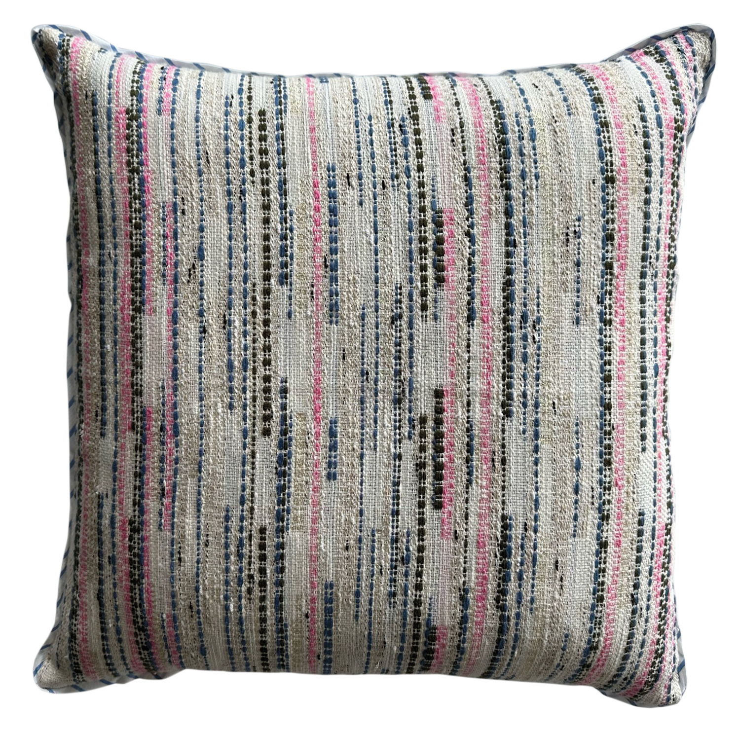 Textured throw pillow with vertical pink, black and navy stripes by Modern Perennial