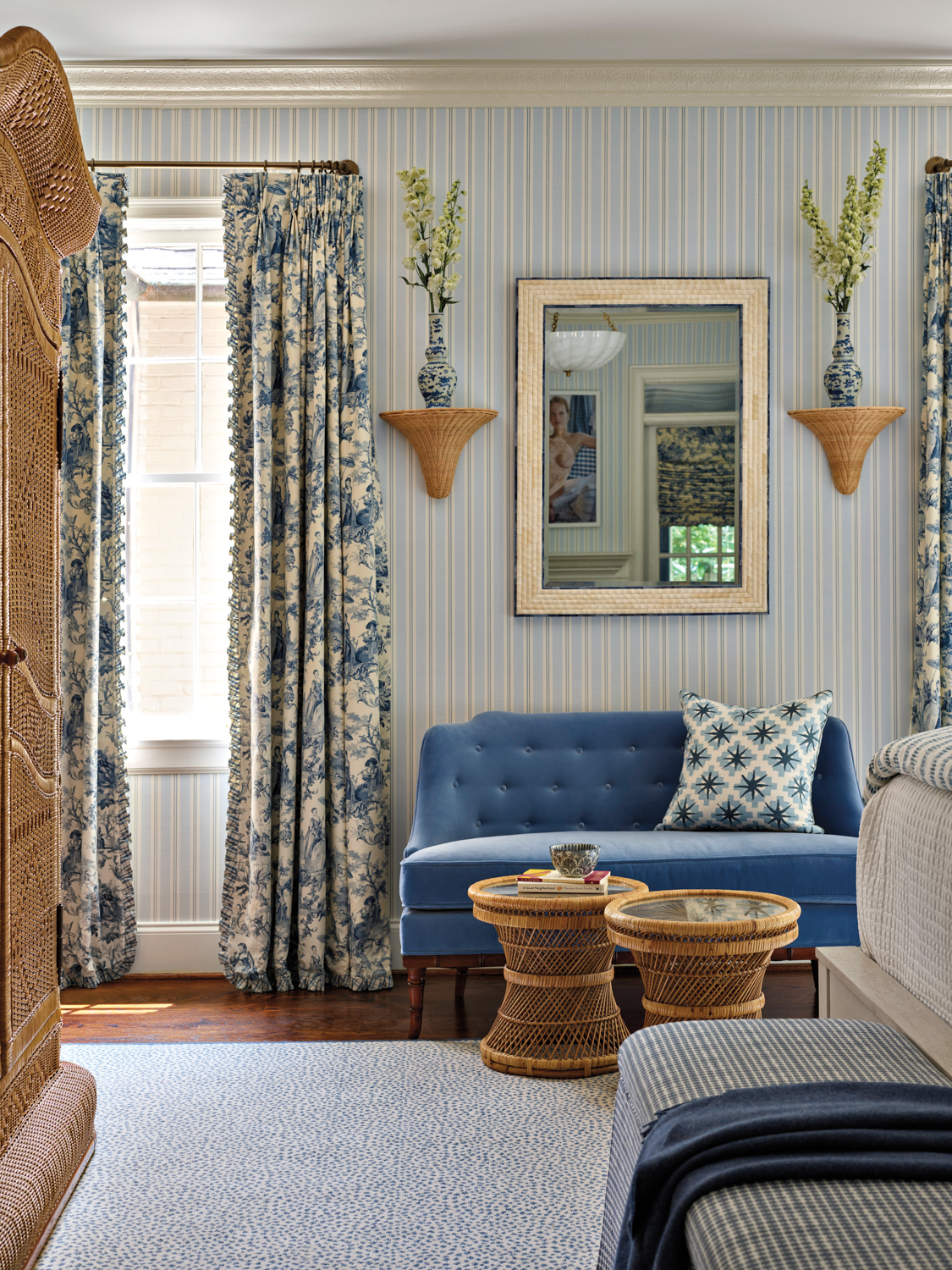 Bedroom scene with cornflower blue...