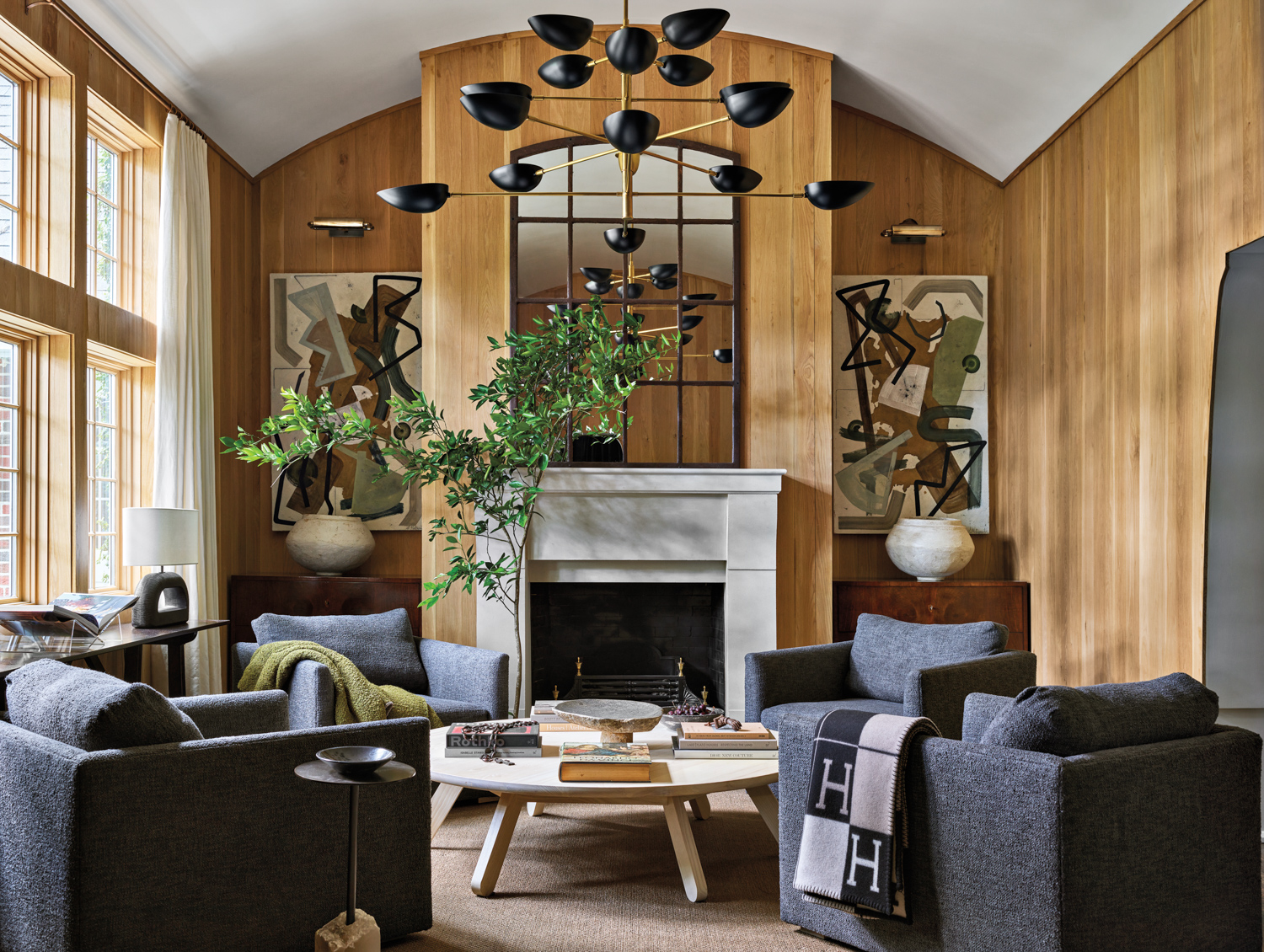 Living room with barrel vaulted...