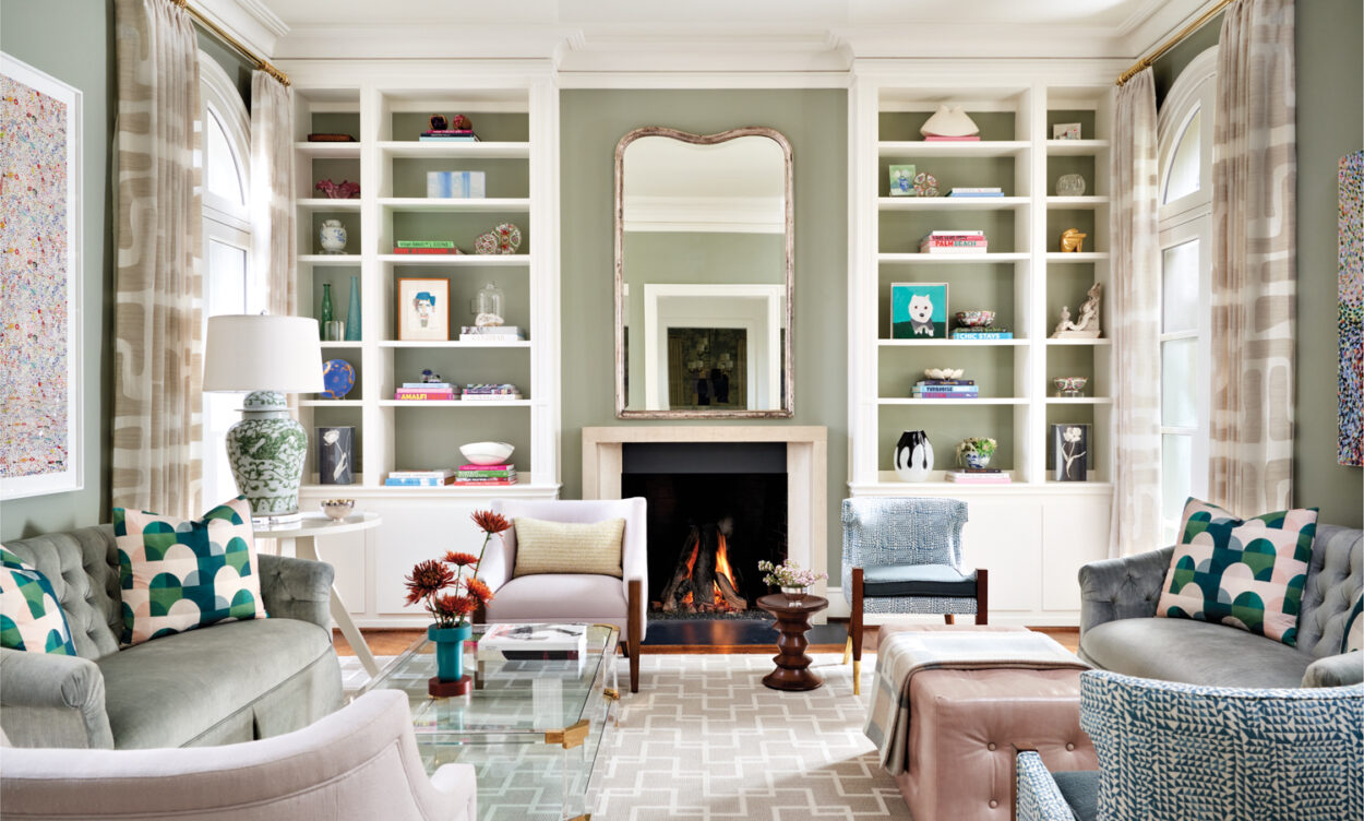 A living room with elegant styled bookshelves