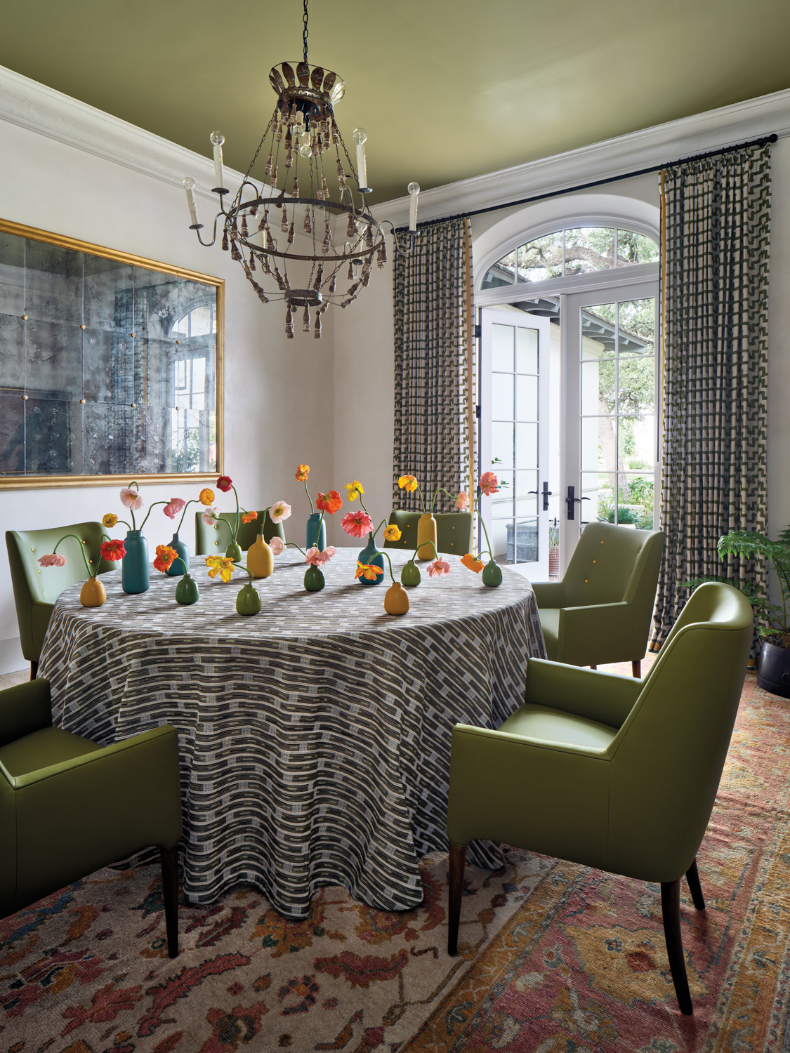 Dining room with green accents,...
