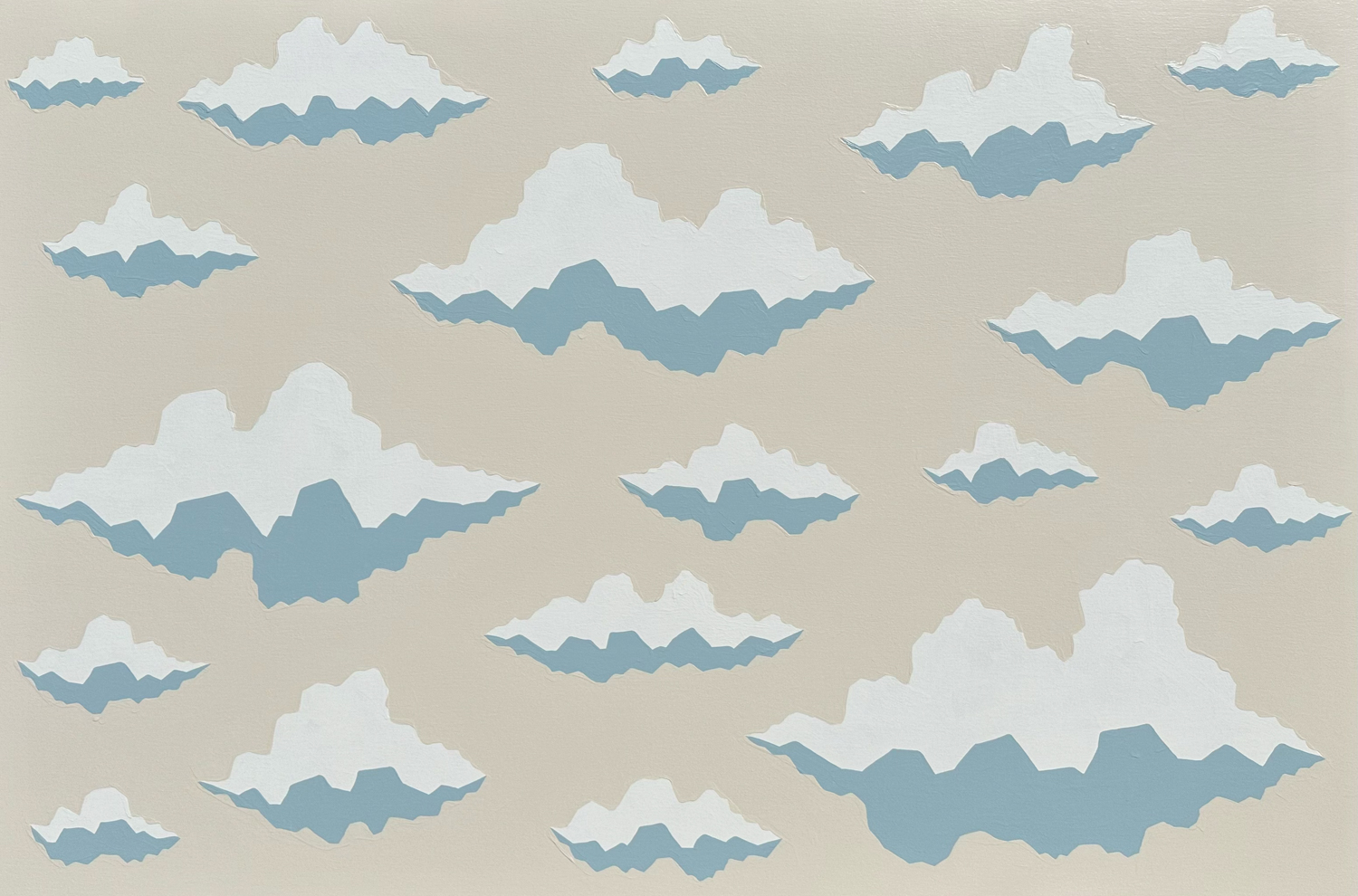 Artwork depicting fluffy white clouds against a cream-colored backdrop.