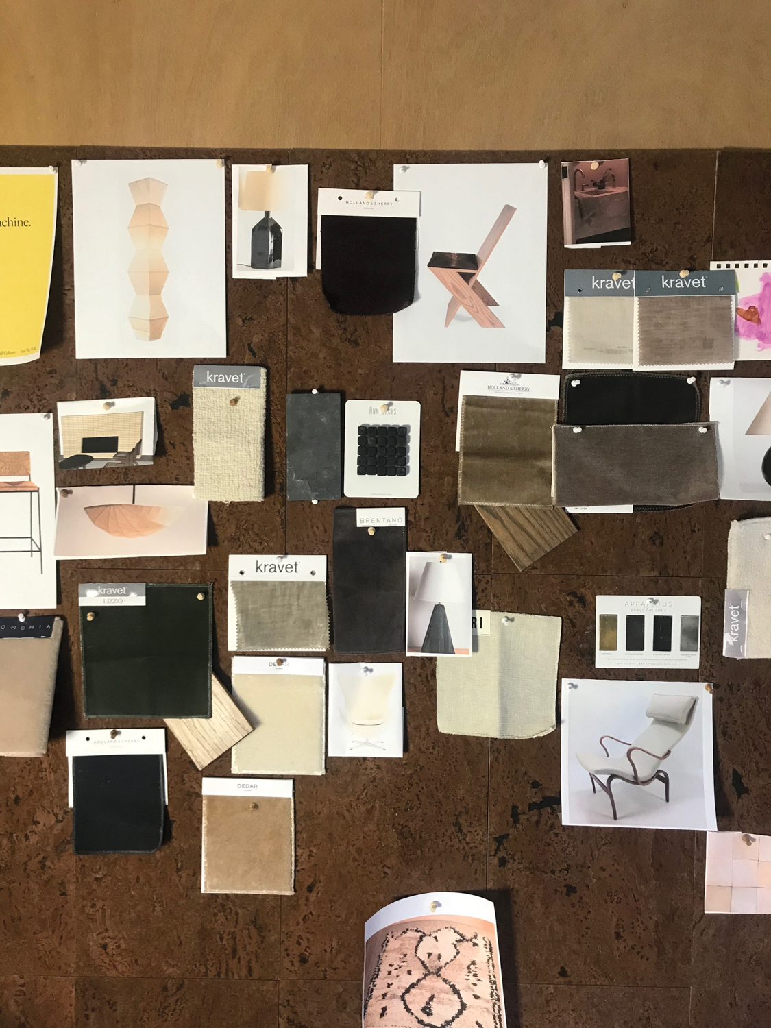 a collage of fabric samples and interior design drawings