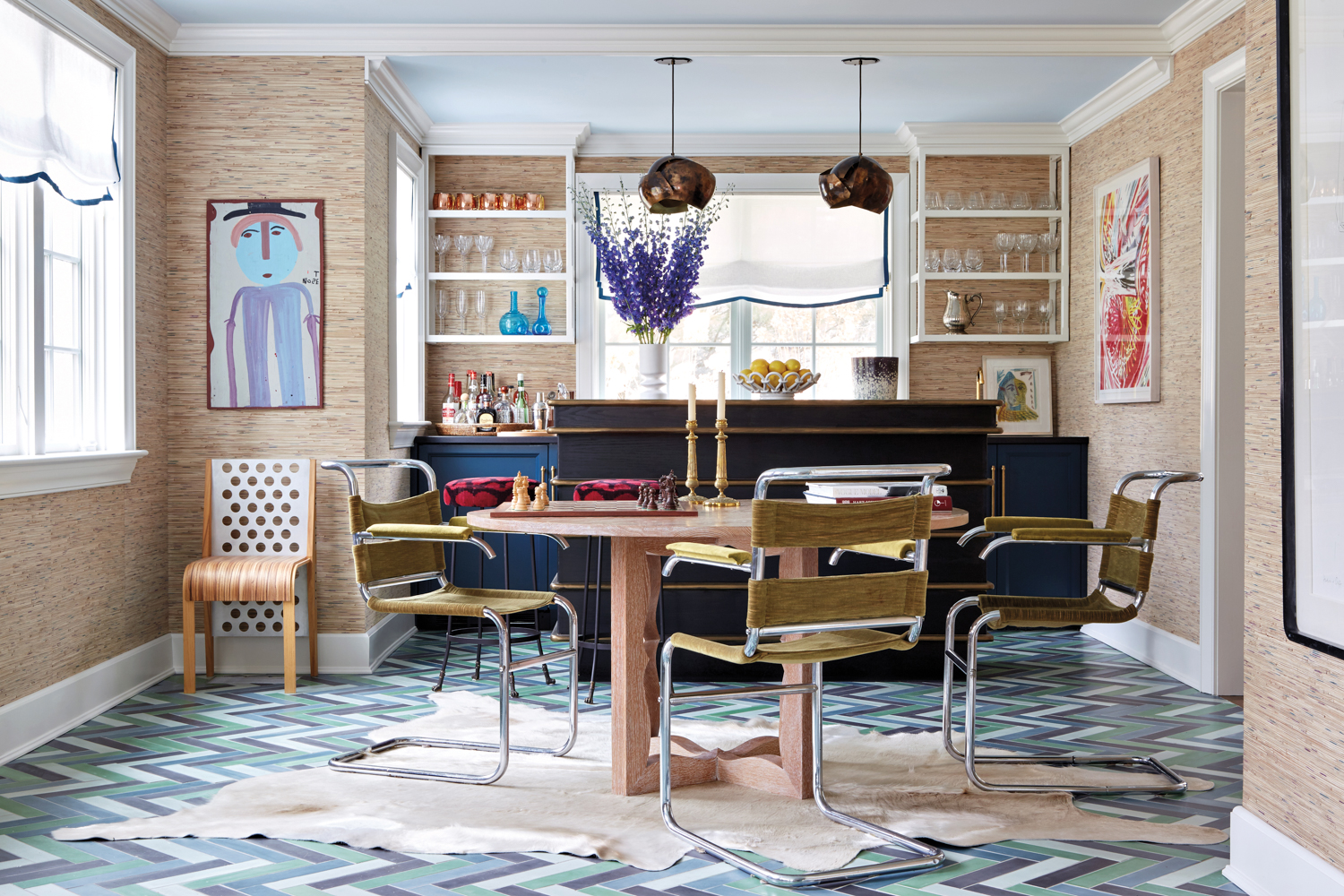a dining room with colorful accents