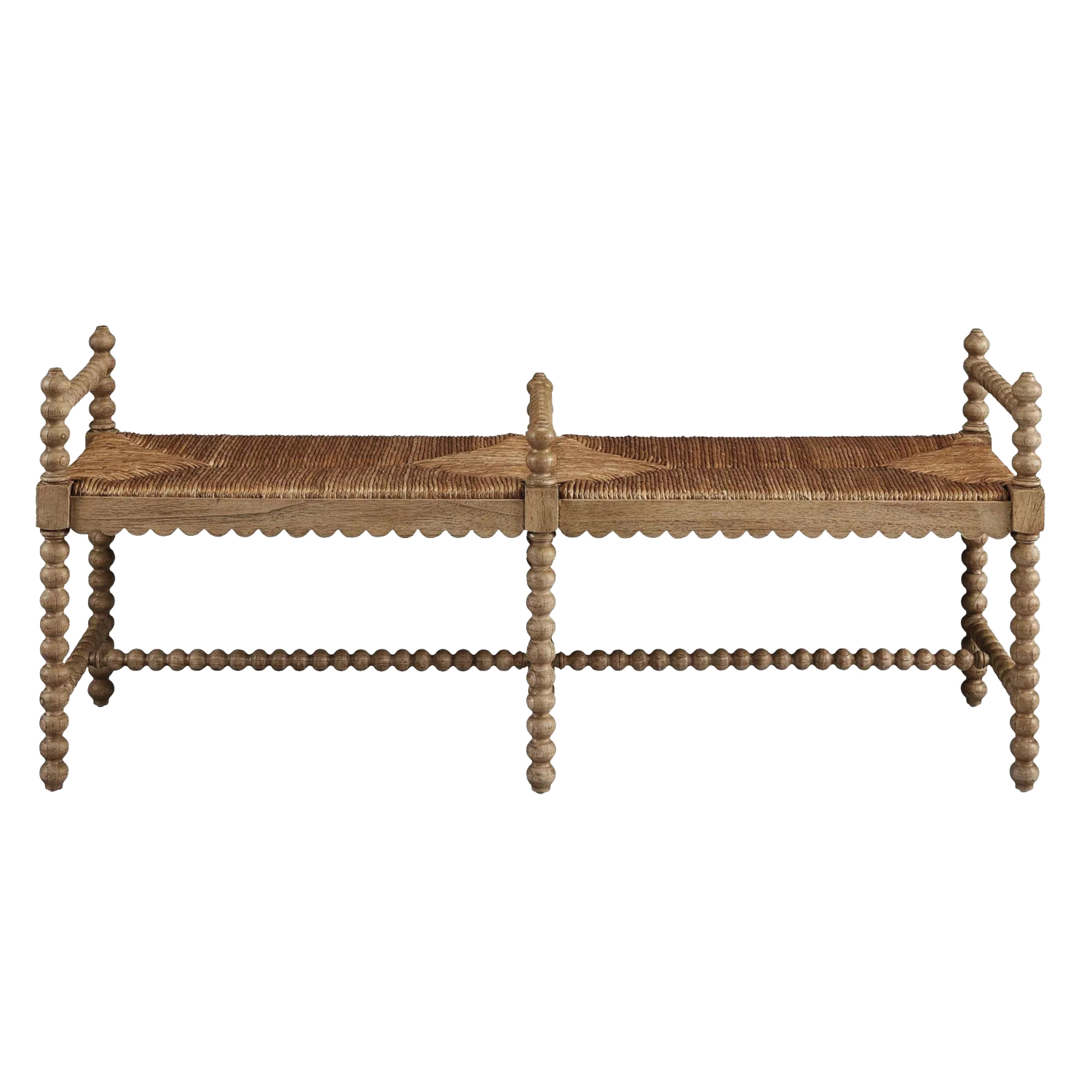 a reed bench with circular details and a scalloped edge