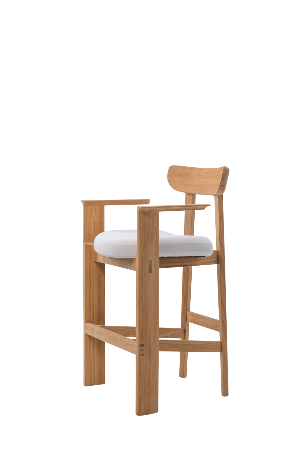 Teak-framed stool with armrests and upholstered seat cushion