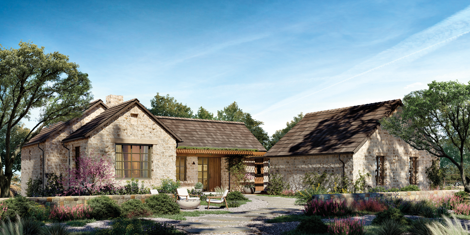 cottage-style single-story residences with cobble-stone façades and natural landscaping