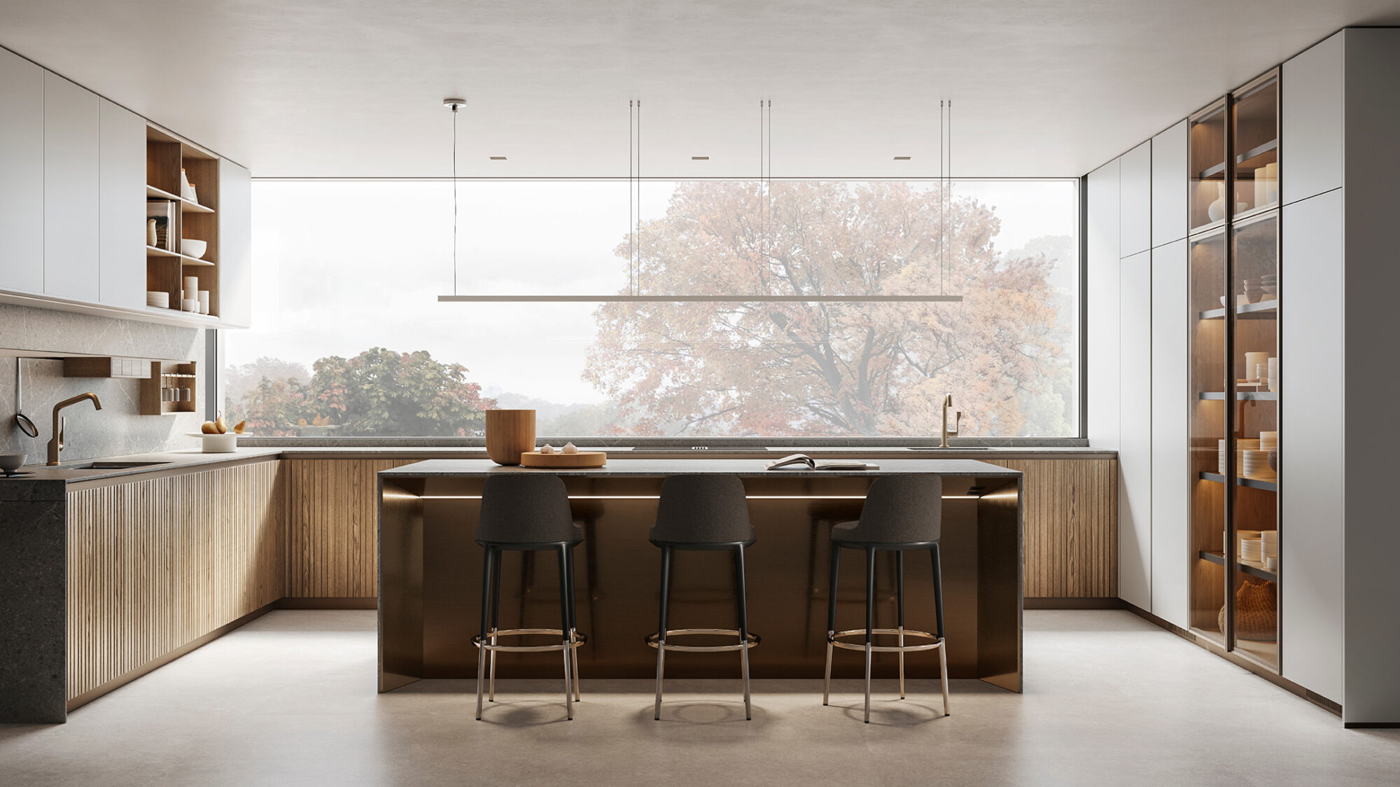 Sleek kitchen featuring wooden cabinets, stools, and a kitchen island with seating.
