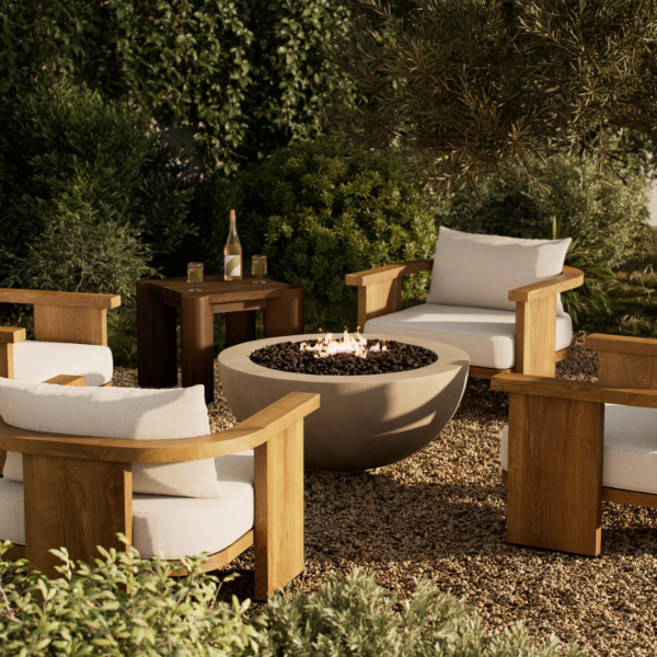 a group of chairs and a fire pit in a garden