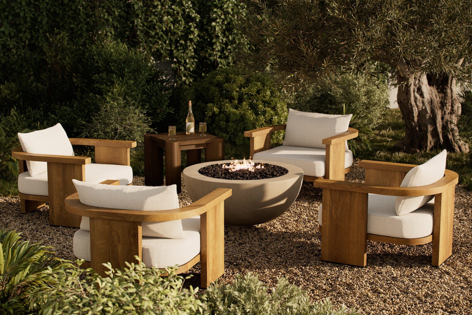 a group of chairs and a fire pit in a garden