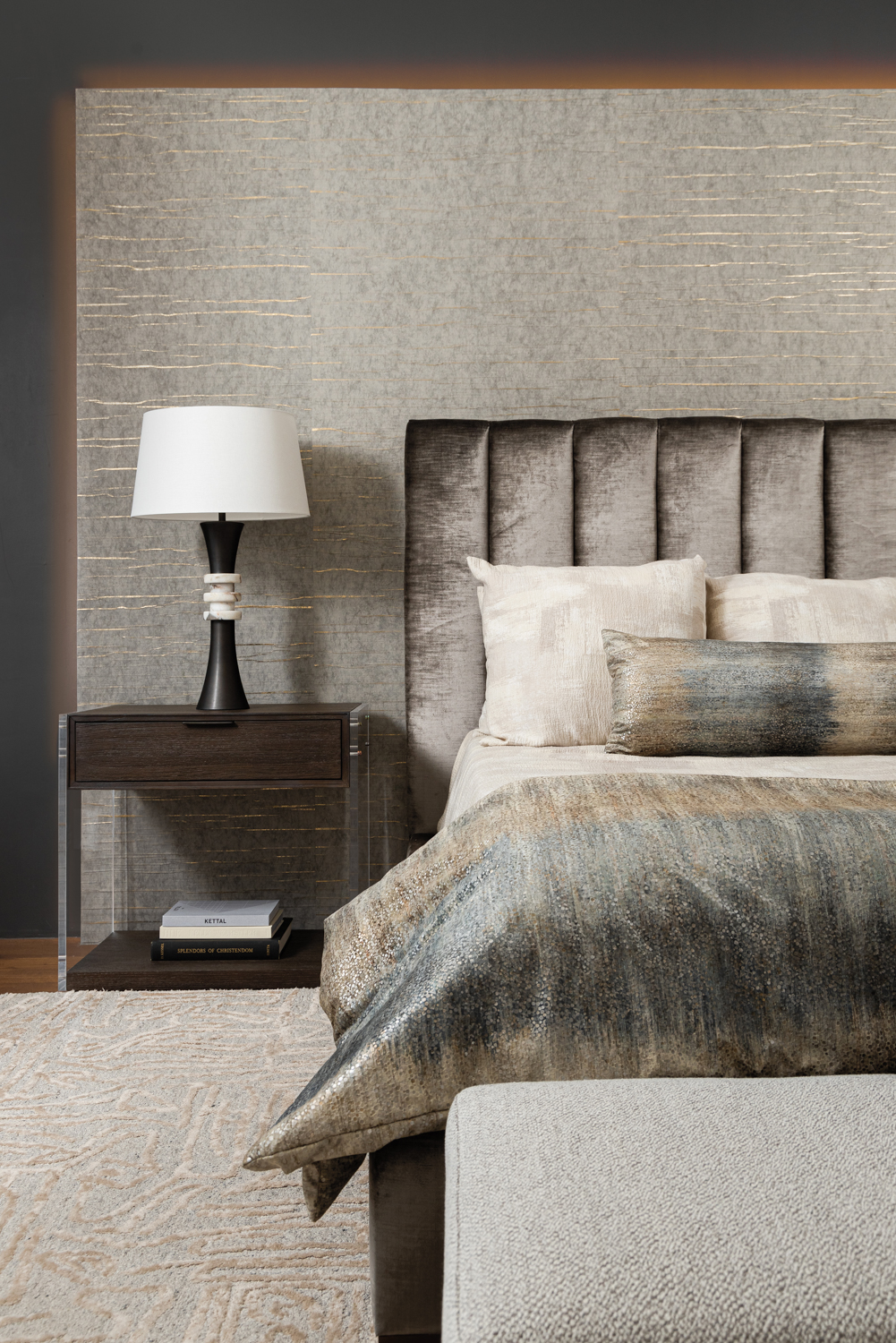 shimmery gray bedroom with gold-leaf...