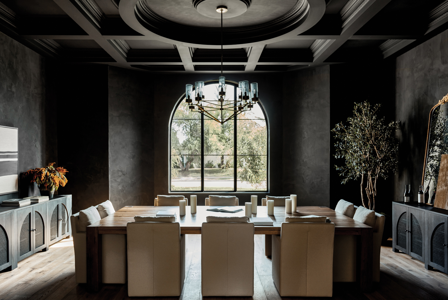 dark moody dining room with...