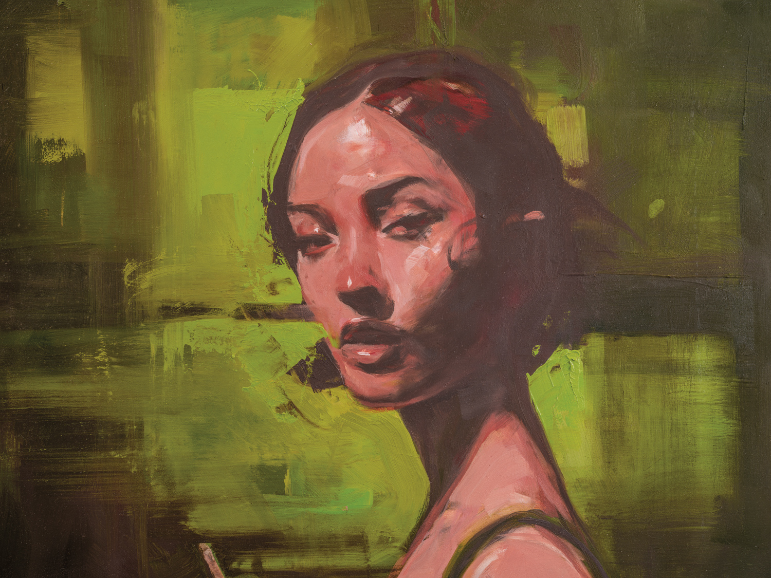 painting of a brunette woman with a green background