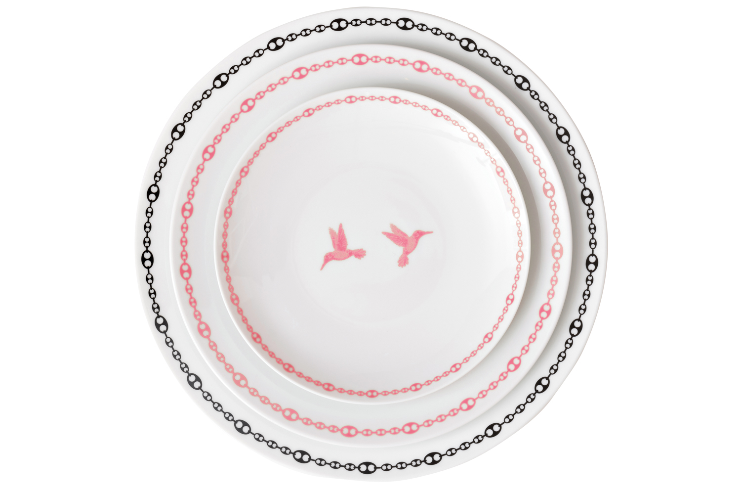 Dinner plates with a humming bird motif.