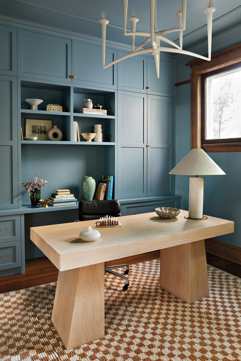 blue office with built-in cabinetry,...