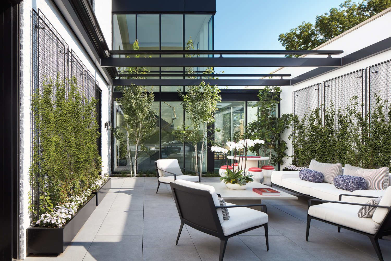 enclosed patio with trees and...