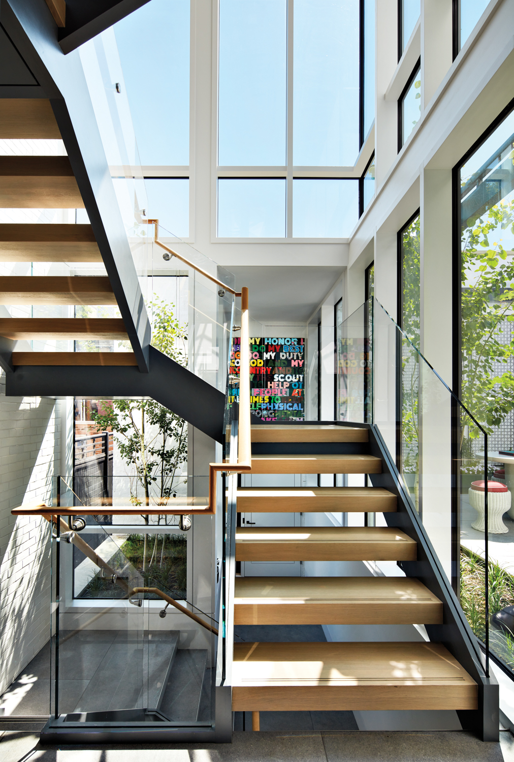 staircase with floating wood treads...