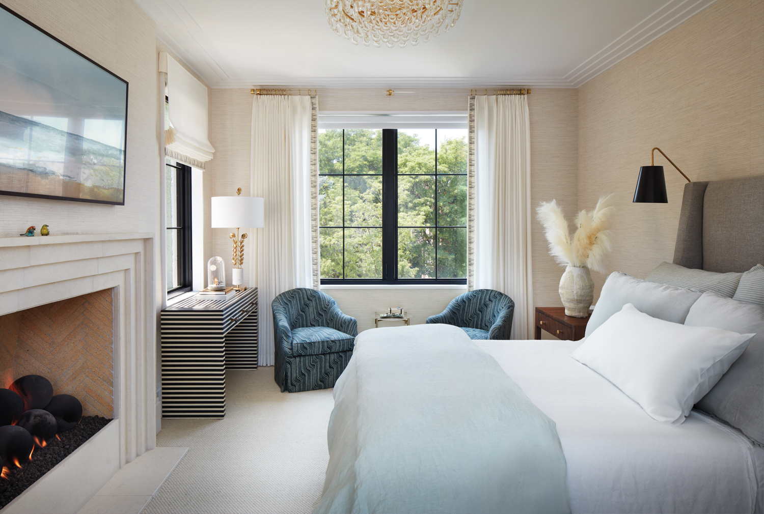 ivory bedroom with linen wallcovering,...