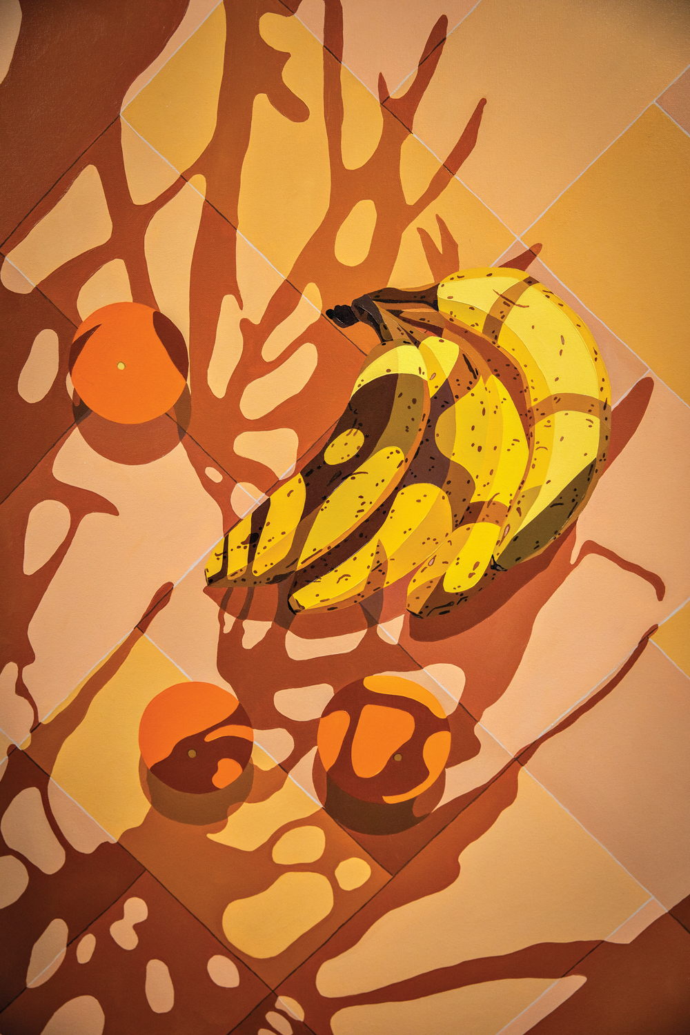 oil painting by Natalia Juncadella of bananas and oranges on terra-cotta flooring under shadows