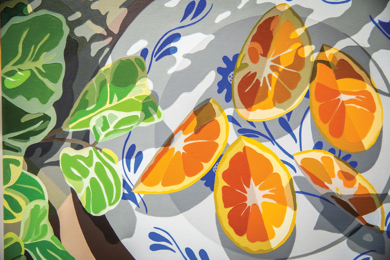 oil painting by Natalia Juncadella of oranges on a blue plate in shadows