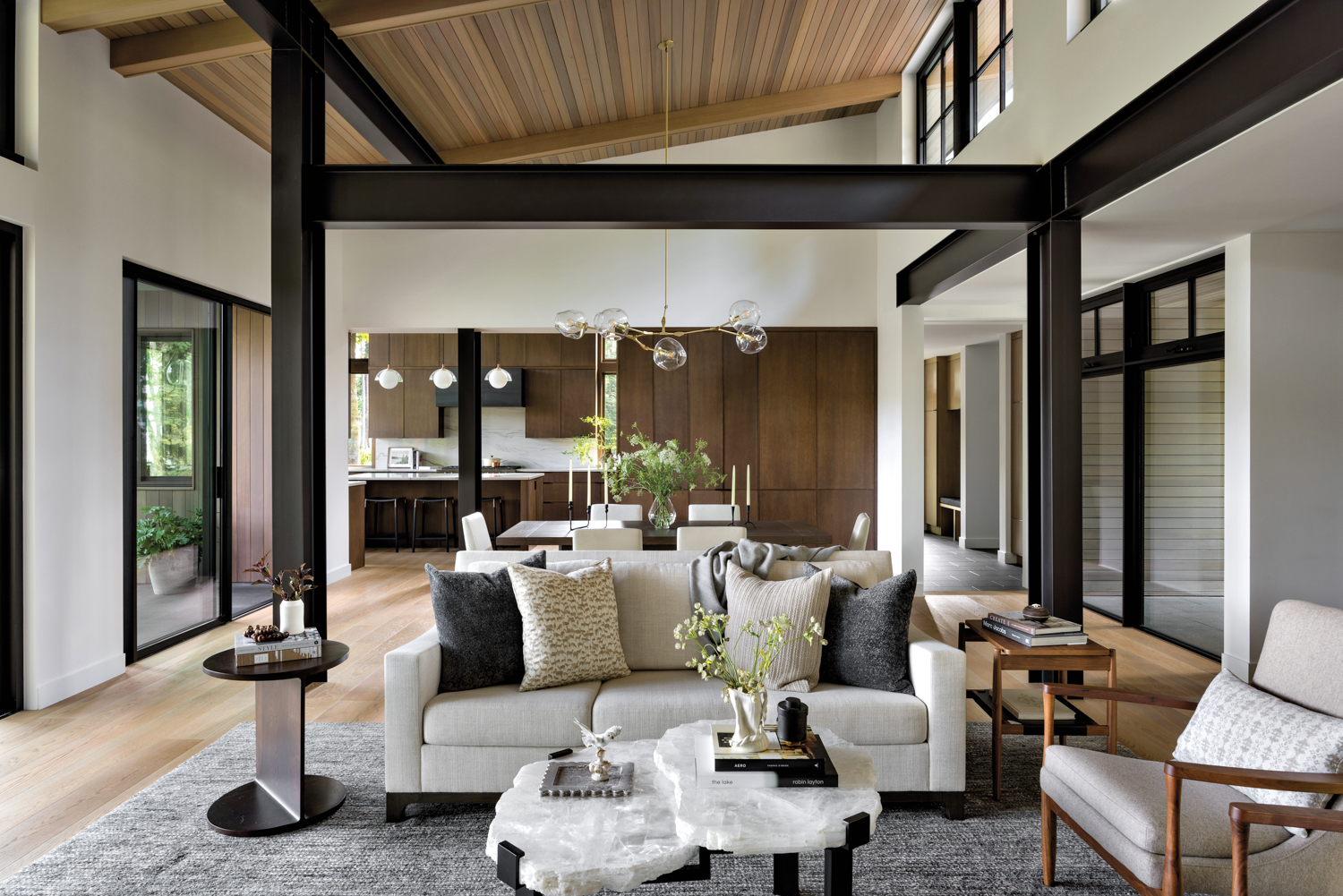 living room with large beams...