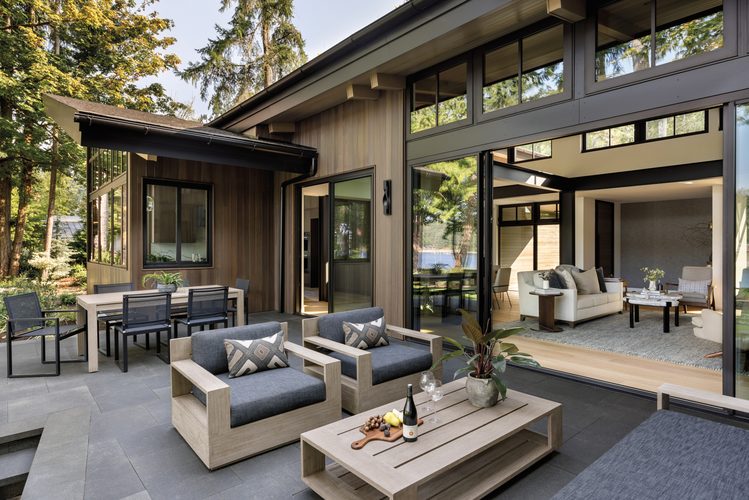 outdoor patio on a wood-shingled...