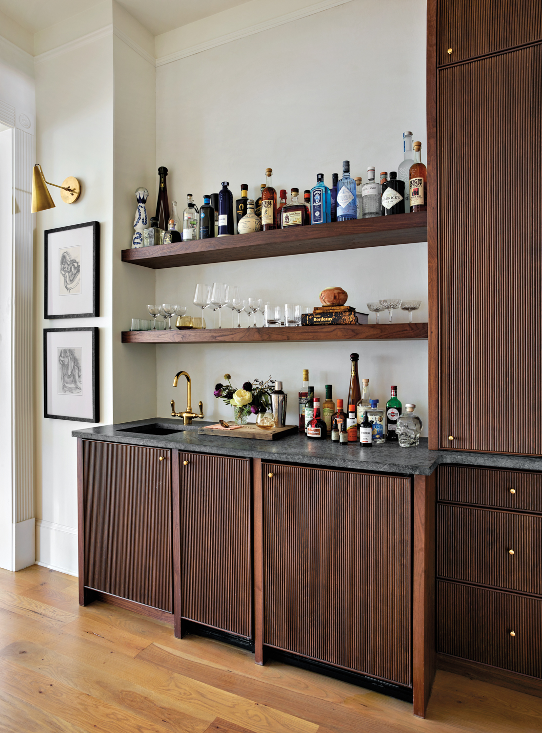 Built-in walnut wet bar with...