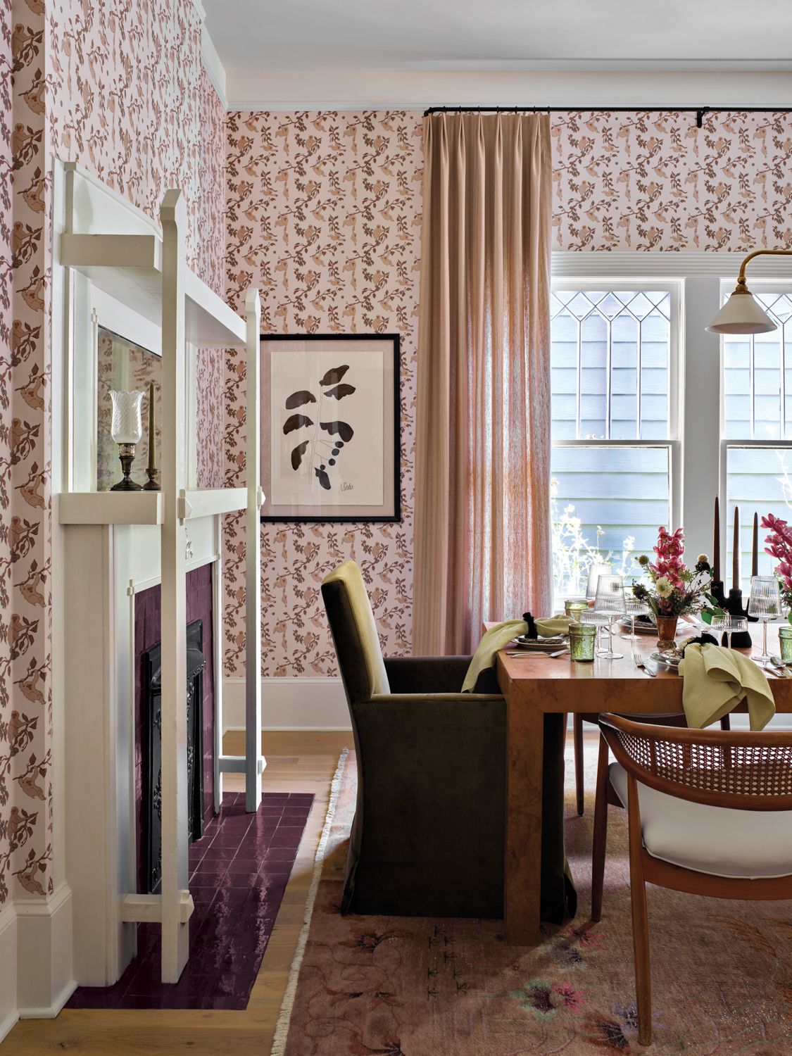 Dining room with pink floral...