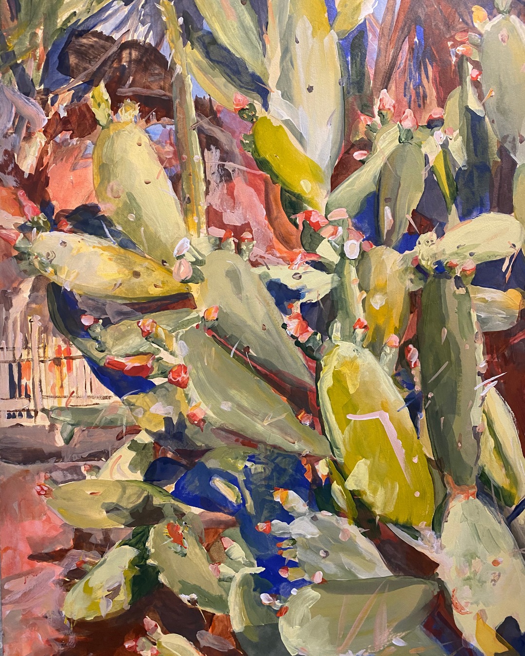 A vibrant oil painting of a group of cacti in a desert landscape, featuring green cactus pads with blooming white and pink flowers, set against a backdrop of rocky terrain with hints of red and brown hues.