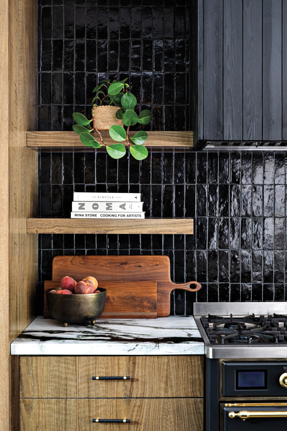 kitchen shelving vignette with wooden...
