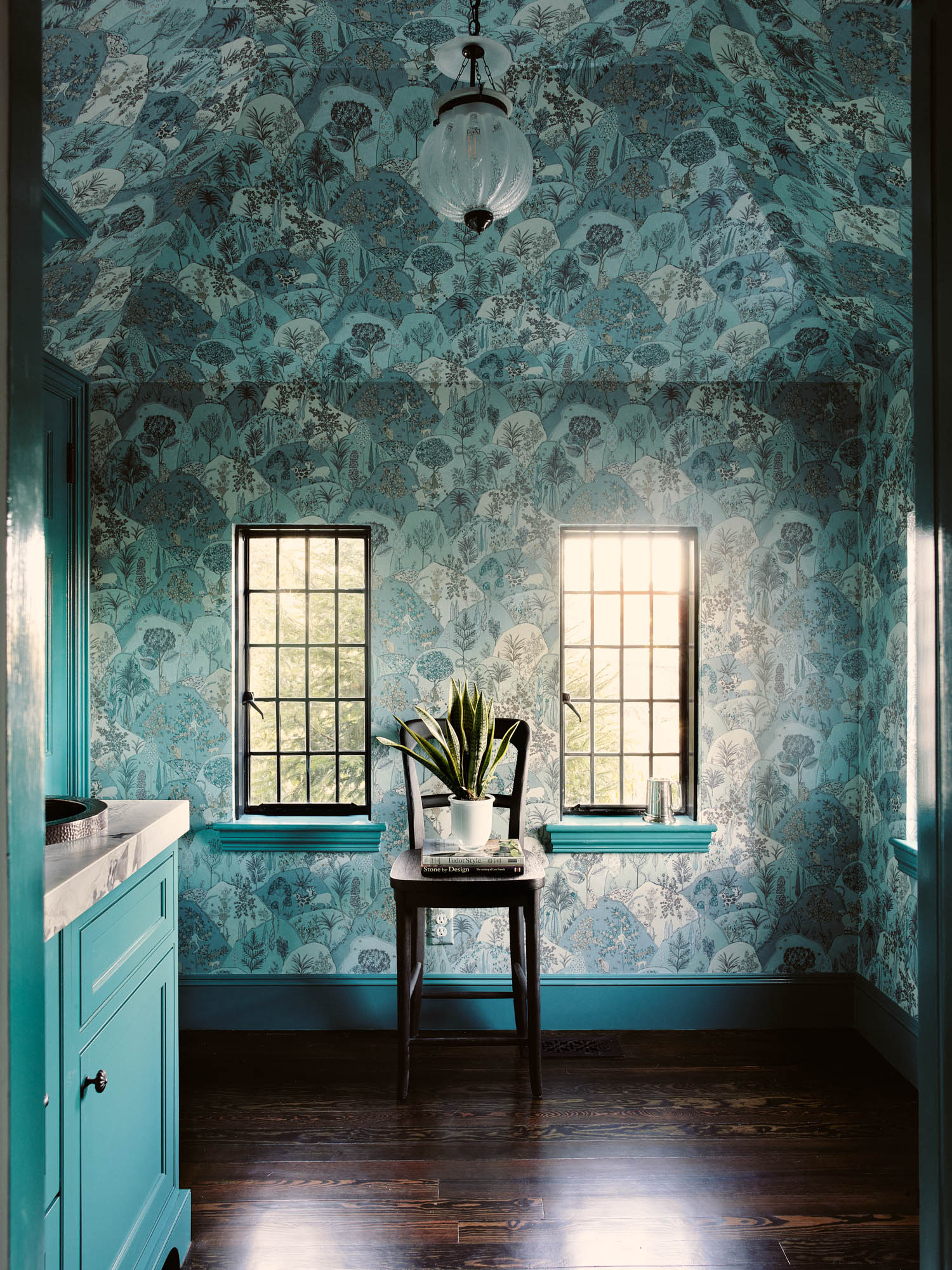a home bar with blue nature-themed wallpaper