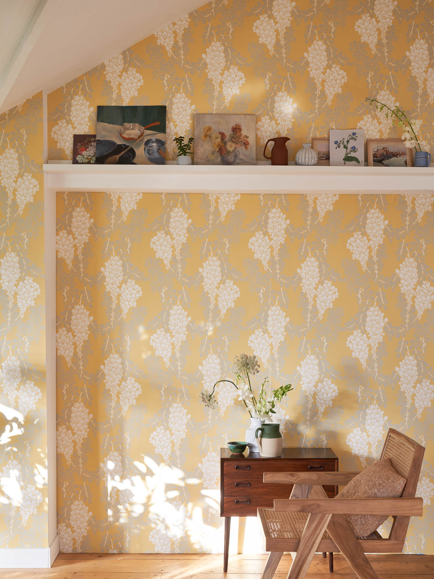 Farrow and Ball's Wisteria wallpaper in a home office
