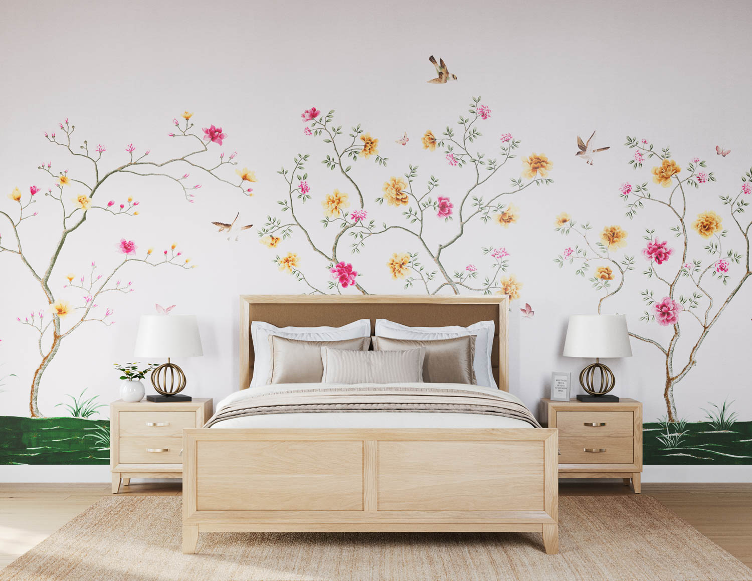 wall mural of flowers behind a bed