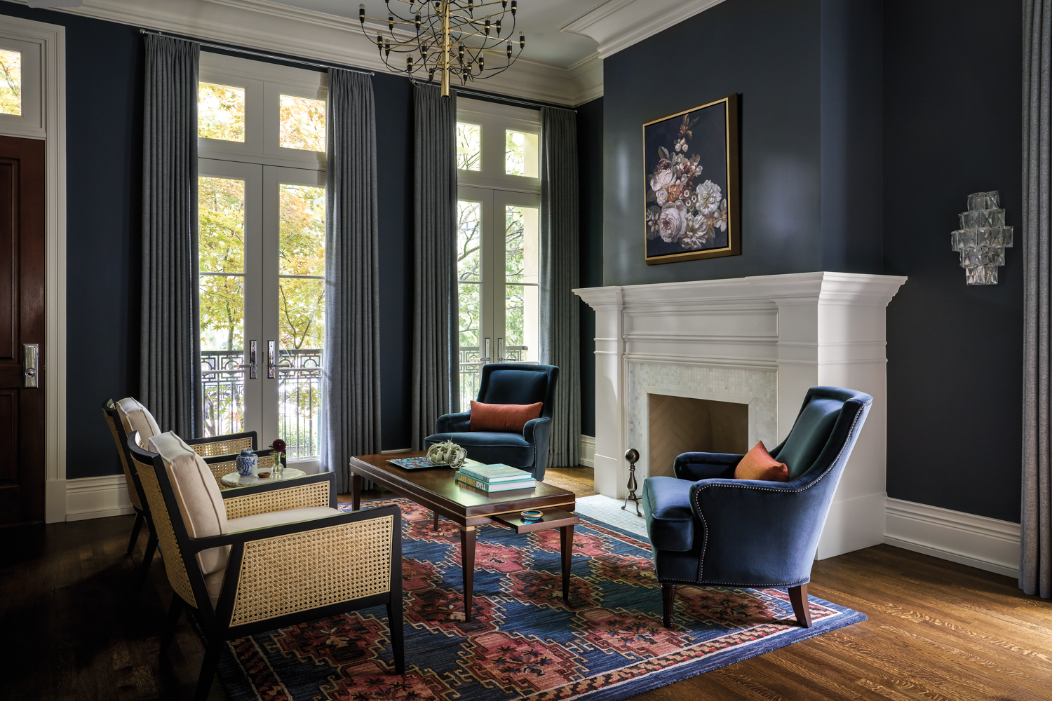Living room with navy blue...