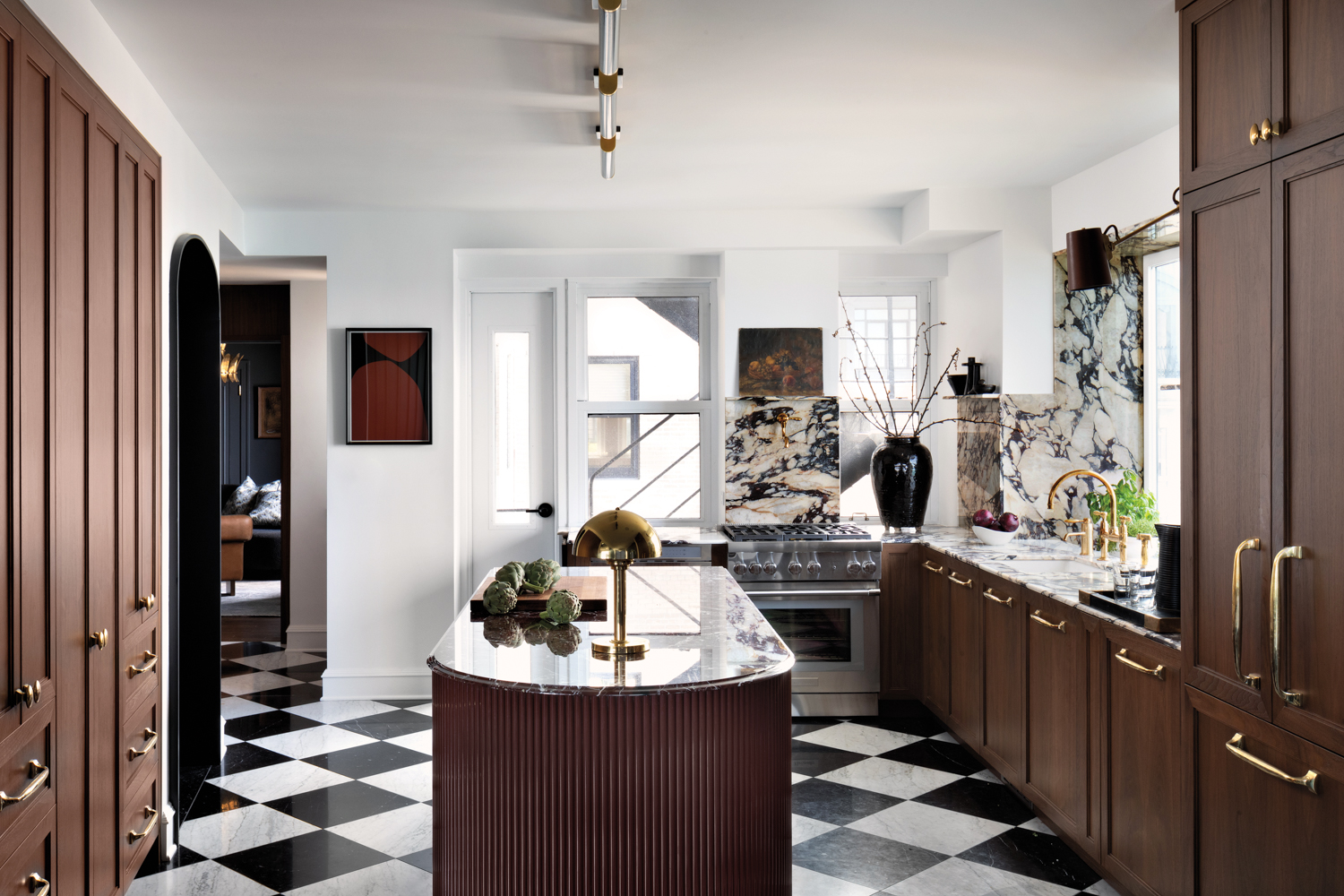 kitchen with black-and-white checkered floors,...