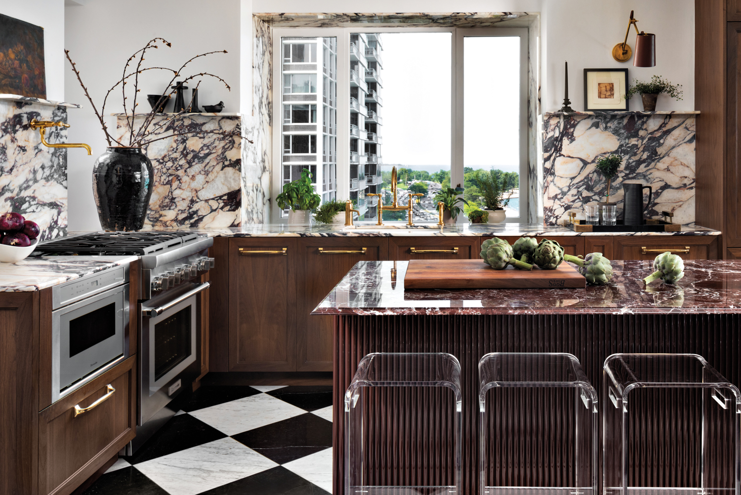 luxurious kitchen with black-and-white checkerboard...