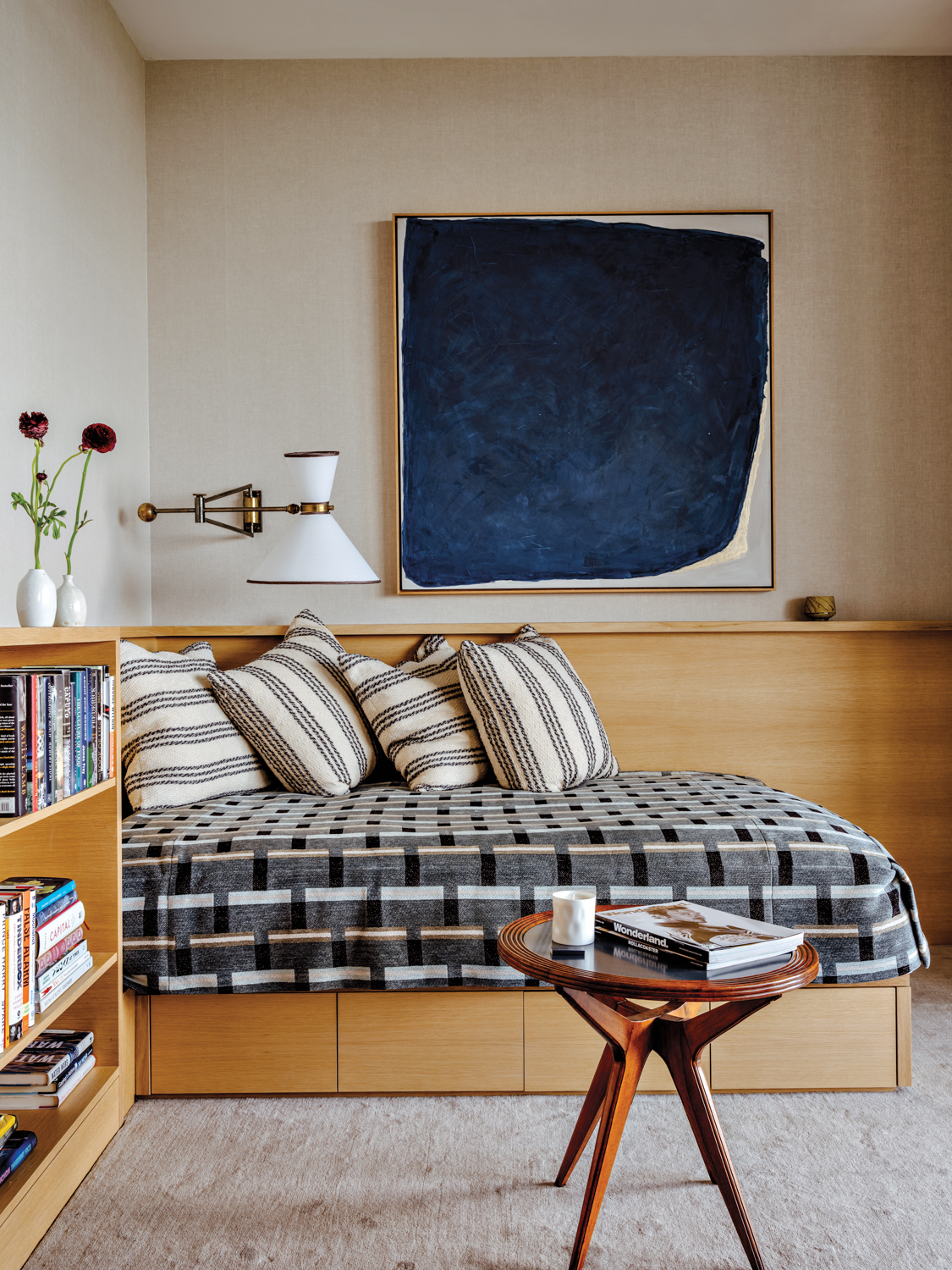 study with daybed, wood paneling,...