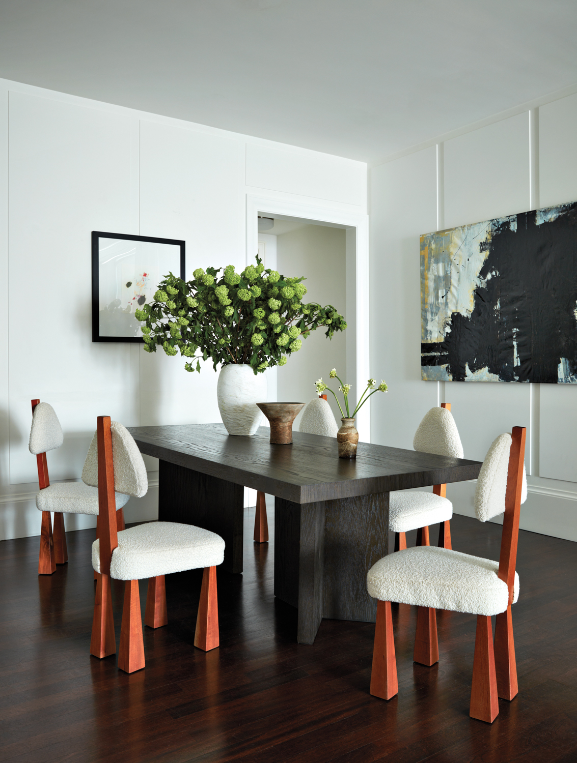 dining area with boucle chairs...