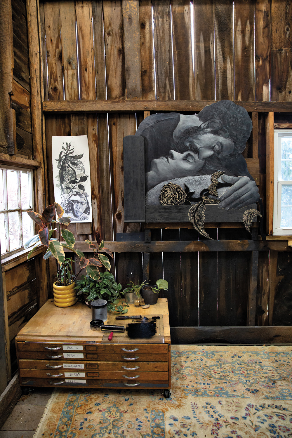 barn studio with woodcut sculpture