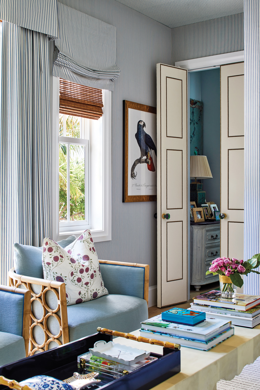den with striped wallcovering, blue...